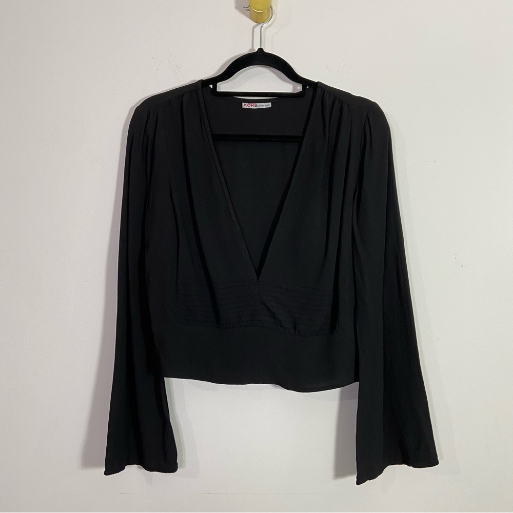 Vintage Kors Michael Kors Black Plunging V-Neck Trumpet Sleeve Top